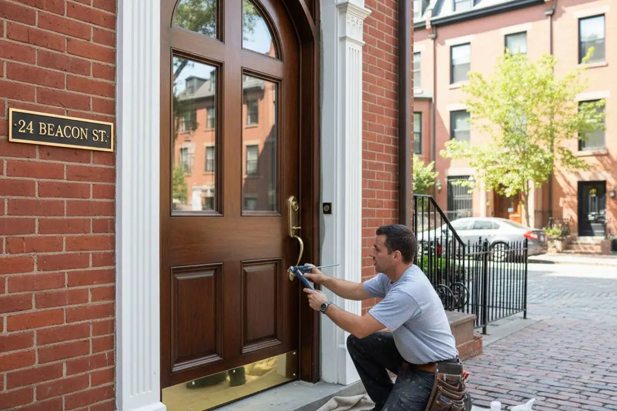 Technician applying final door installation finishes at Boston MA home | Next Level Exteriors vinyl siding