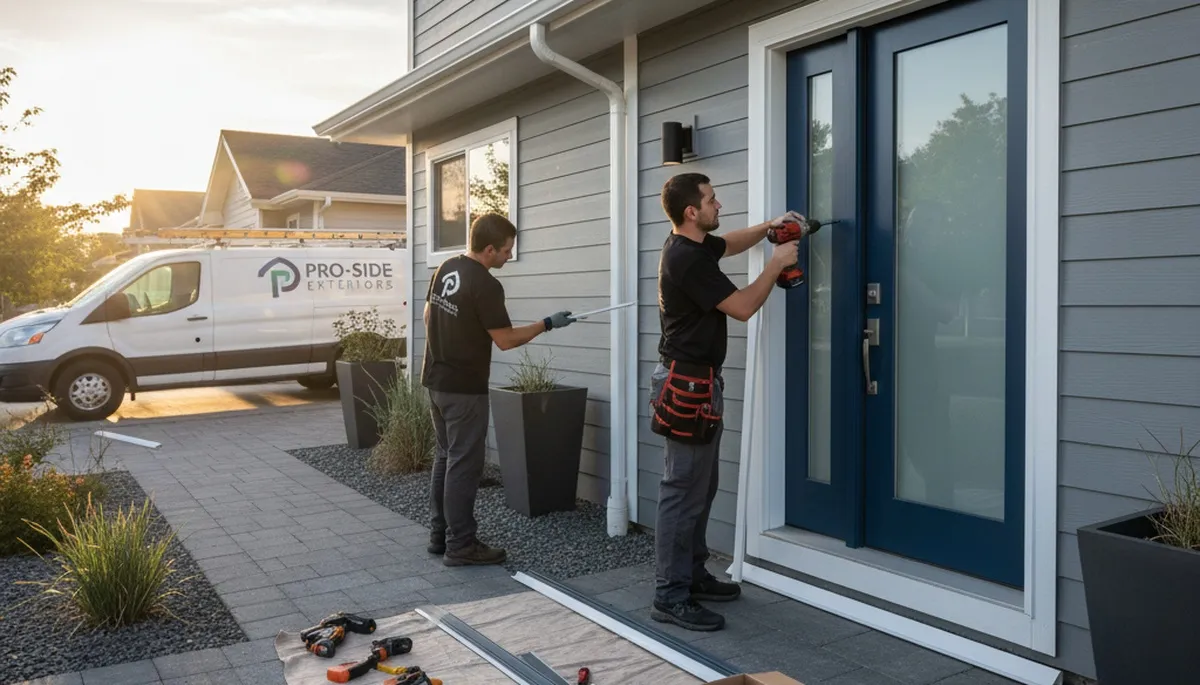 Technician repairing residential door frame with vinyl siding in Boston MA exterior home
