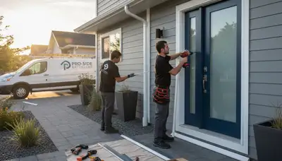 Technician repairing residential door frame with vinyl siding in Boston MA exterior home