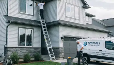 Professional gutter cleaning service on vinyl siding home in Boston, MA