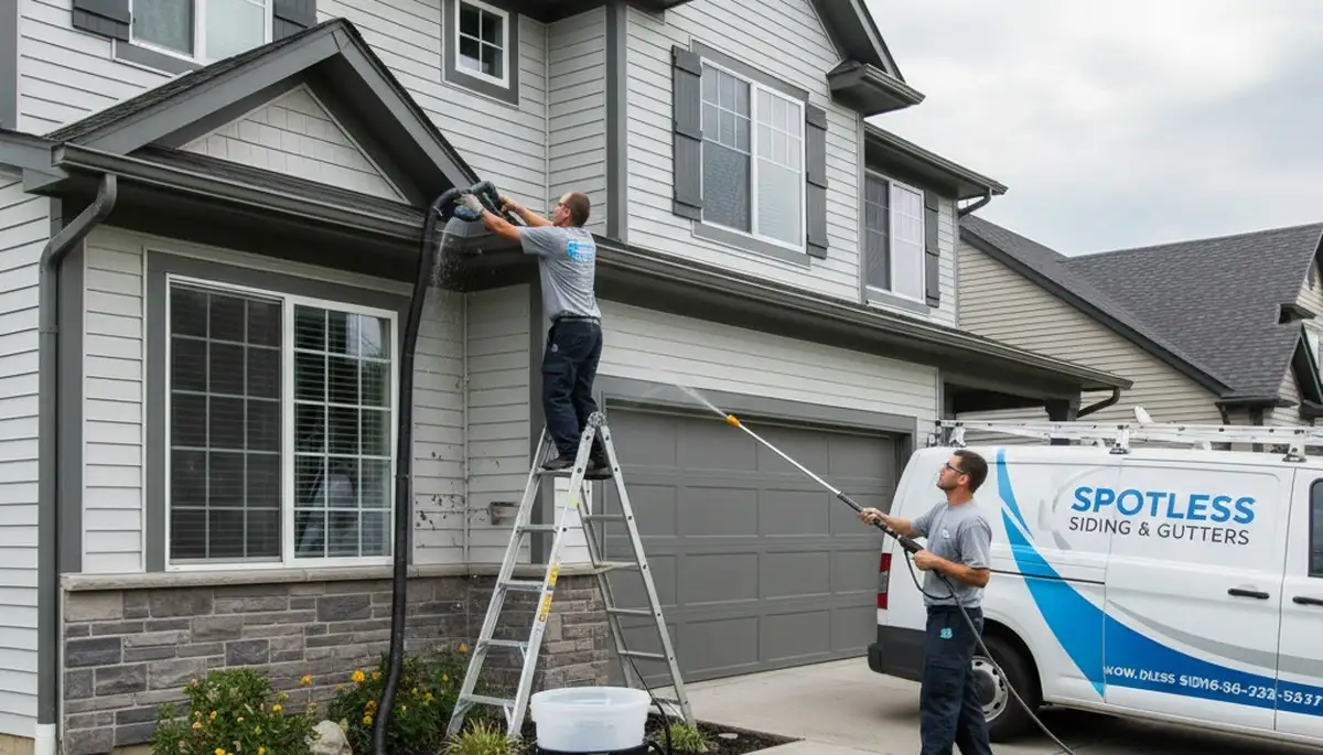 Professional gutter cleaning service in Boston MA protecting vinyl siding homes from water damage