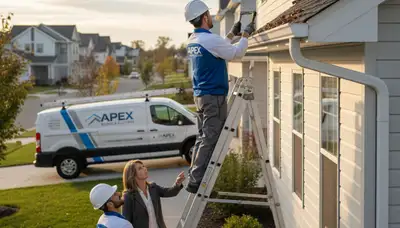 Technician performing gutter inspection on vinyl siding home in Boston, MA