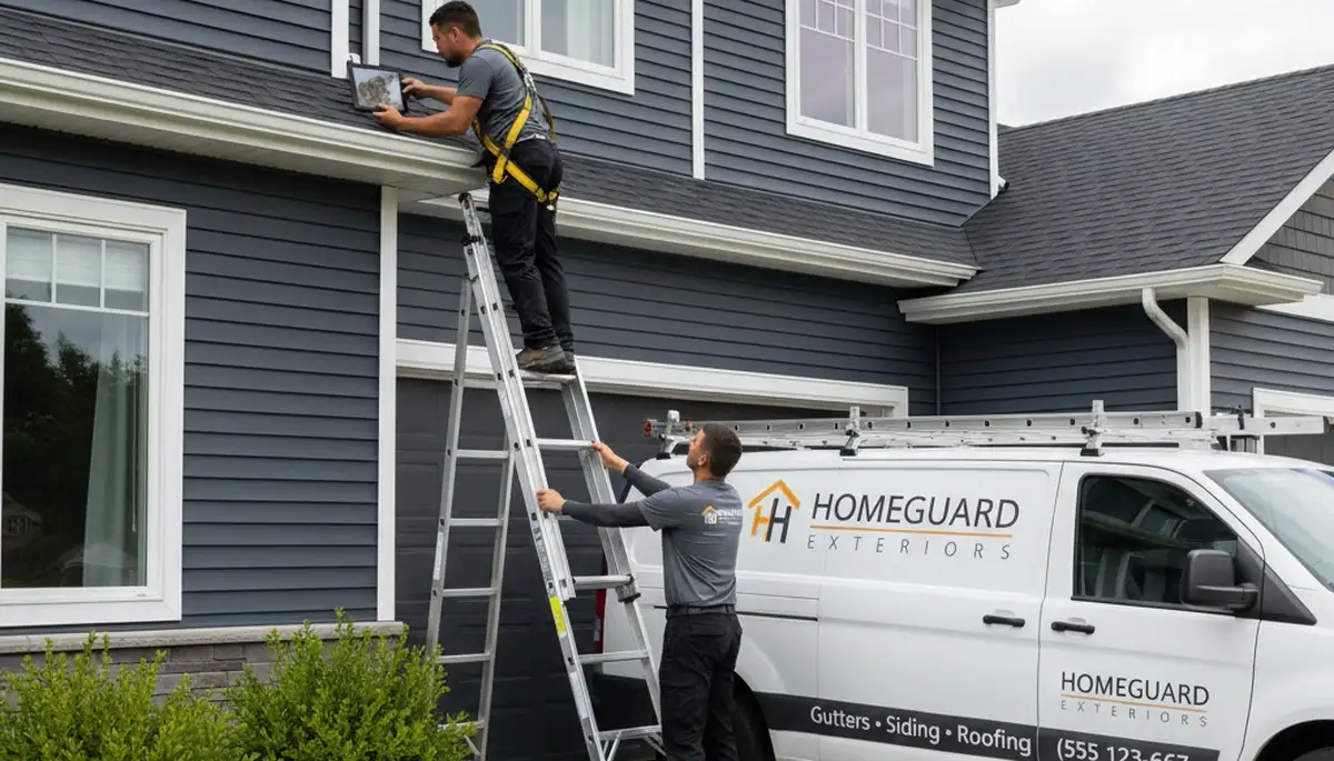 Technician performing gutter inspection on vinyl-sided home in Boston, MA