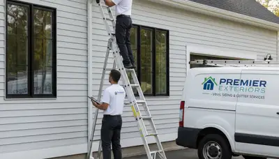 Technician repairing home gutters with vinyl siding in Boston, MA to prevent water damage