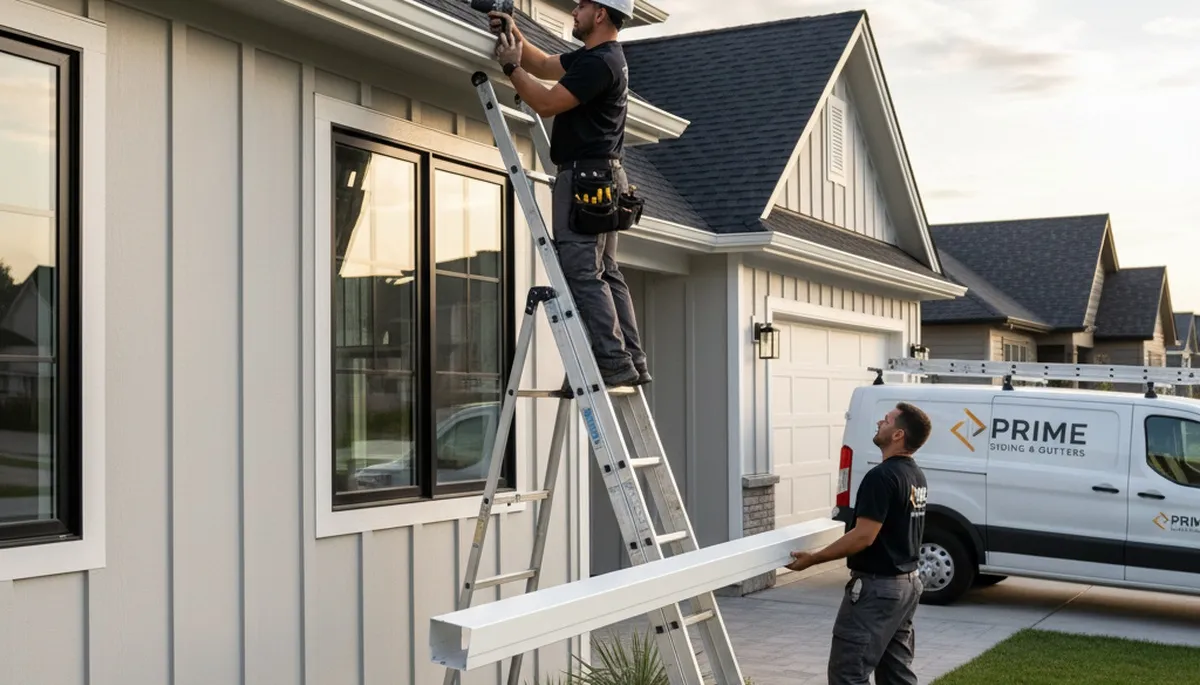 Technician performing gutter repair on vinyl siding home in Boston, MA