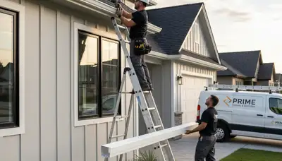 Technician performing gutter repair on vinyl siding home in Boston, MA