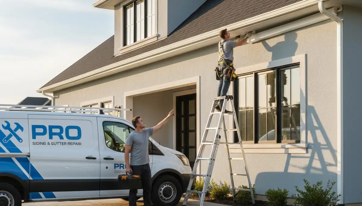 Technician repairing residential gutters and vinyl siding in Boston, MA to prevent water damage
