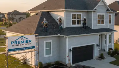 Roof installation crew working on vinyl siding home in Boston, MA by Next Level Exteriors