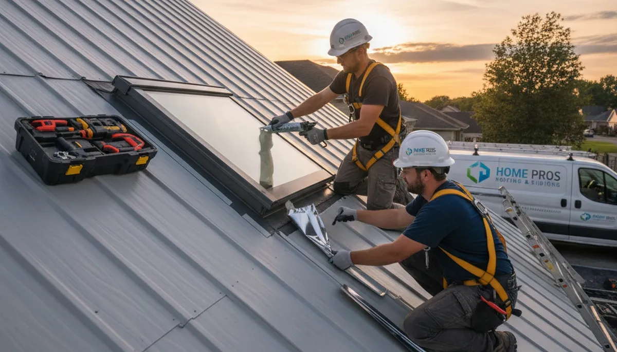 Technician repairing damaged skylight on vinyl-sided home in Boston MA
