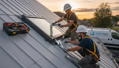 Technician repairing damaged skylight on vinyl-sided home in Boston MA