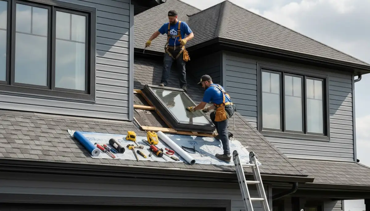 Vinyl siding and skylight repair experts working on Boston MA home exterior