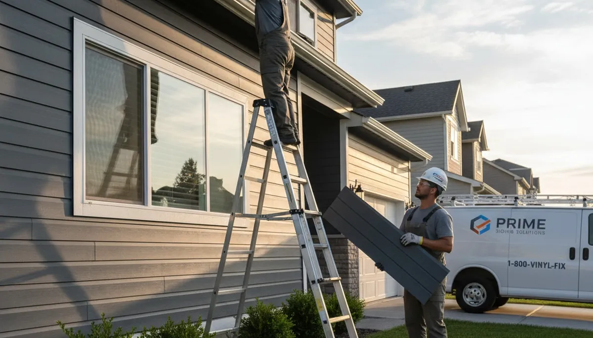 Technician repairing damaged vinyl siding on Boston, MA home exterior after winter storm