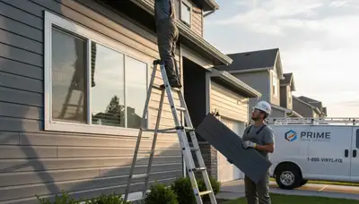 Technician repairing damaged vinyl siding on Boston, MA home exterior after winter storm