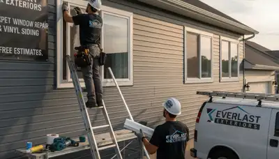 Technician repairing vinyl window frame on Boston home exterior by Next Level Exteriors