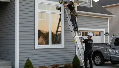 Technician performing window repair at Boston home with vinyl siding by Next Level Exteriors
