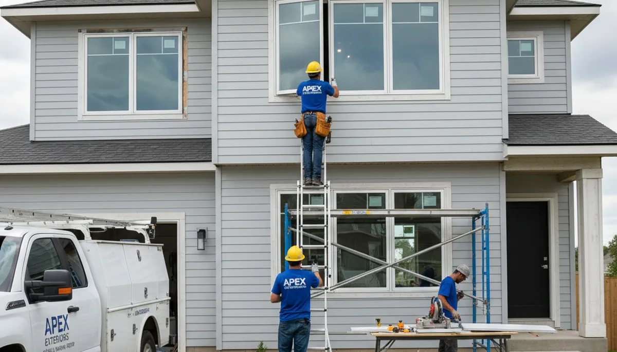 Technician repairing home window frame with vinyl siding in Boston MA exterior renovation