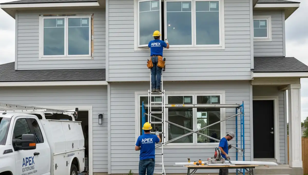 Technician repairing home window frame with vinyl siding in Boston MA exterior renovation